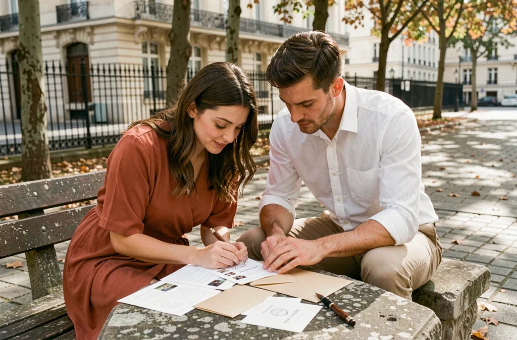 Un couple hétérosexuel préparant leur save the date sur un banc en pierre dans une place parisienne