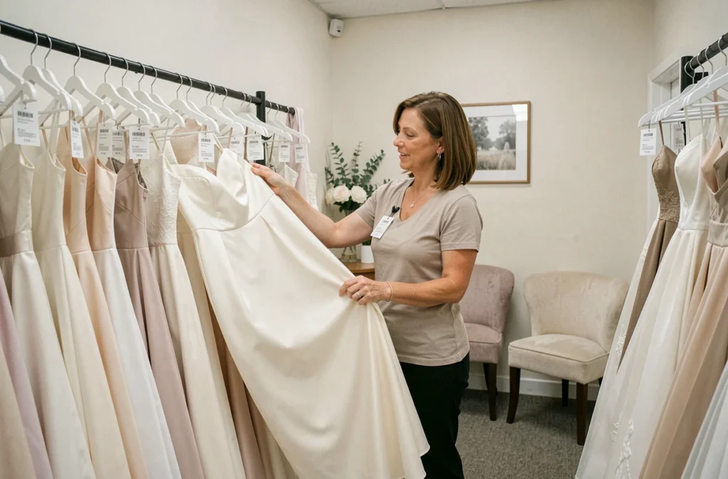 Vendeuse aidant une future mariée à choisir une robe de mariée économique dans un magasin spécialisé
