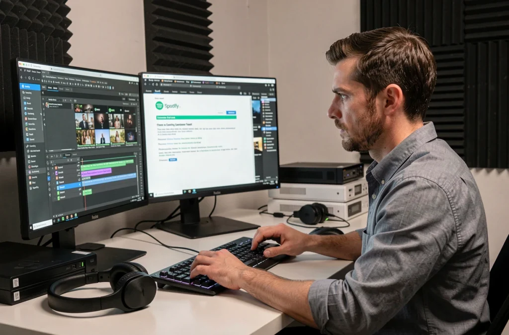 Vidéaste mariage professionnel en train d'intégrer légalement de la musique Spotify dans un diaporama sur son logiciel de montage vidéo