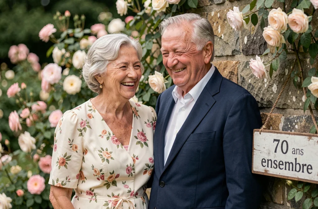 Vieux couple souriant dans un jardin fleuri pour leurs 70 ans de mariage avec panneau commémoratif
