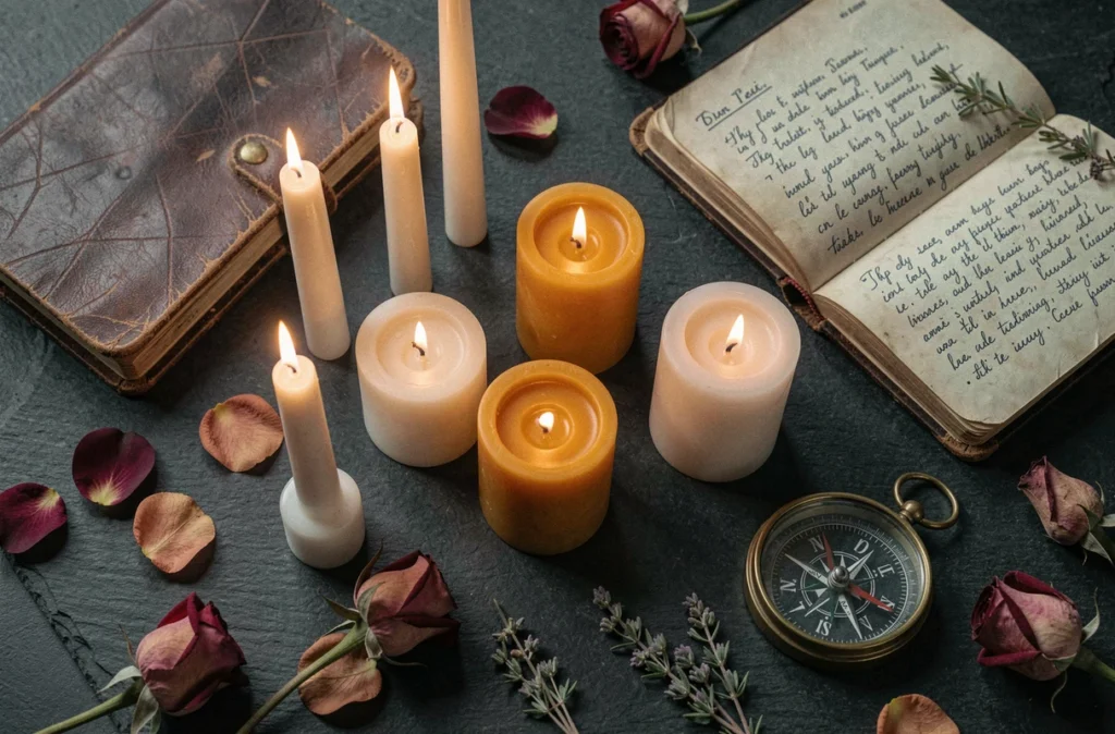Vue de dessus de bougies allumées entourées de pétales de rose séchés, journal et herbes pour un rituel de bougies