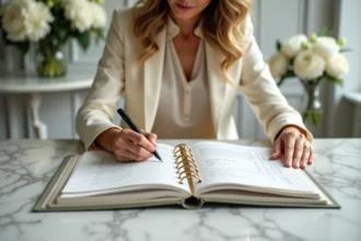 Wedding planner professionnelle consultant un binder de mariage haut de gamme avec échantillons de tissus et budget dans une salle de réception élégante