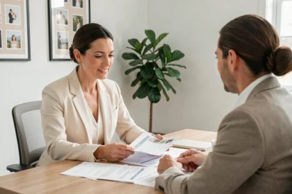 Wedding planner présentant ses formules et tarifs à un couple lors d'une consultation en bureau