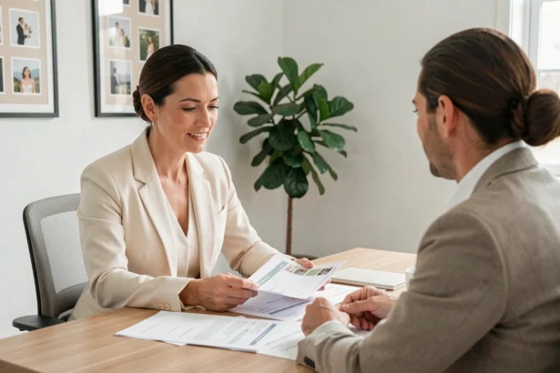 Wedding planner présentant ses formules et tarifs à un couple lors d'une consultation en bureau
