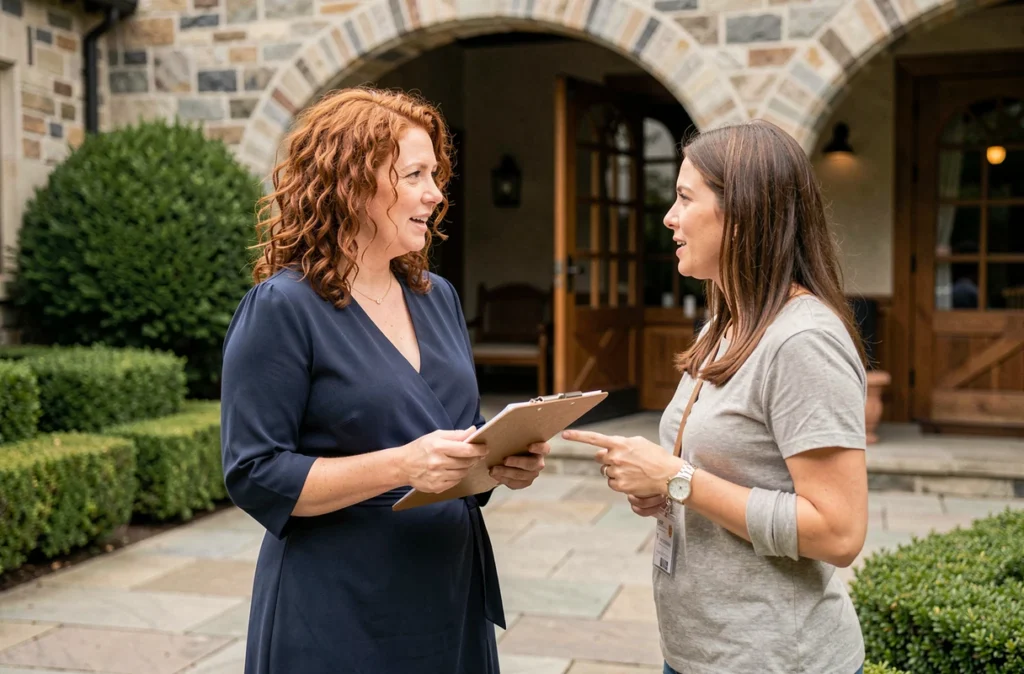 Wedding planner en visite de lieu de réception avec une future mariée pour planifier le mariage