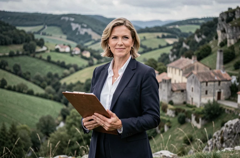 Organisatrice d'Aveyron Events posant devant le paysage vallonné et les villages en pierre de l'Aveyron