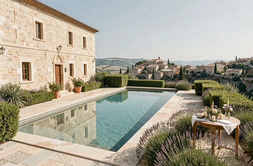 La Bastide de Gordes avec sa piscine à débordement et vue sur le village perché de Gordes dans le Vaucluse