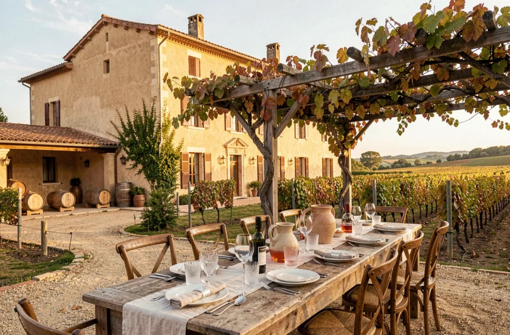 Le Château de Berne dans le Var avec ses vignes et sa pergola dressée pour un dîner de réception