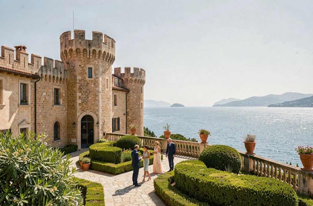Le Château de la Napoule avec ses tours médiévales et son jardin donnant sur la mer Méditerranée