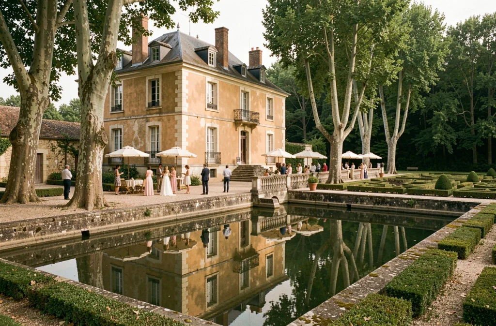 Le Château de Robernier dans le Var avec ses douves, ses parterres et sa façade provençale ocre