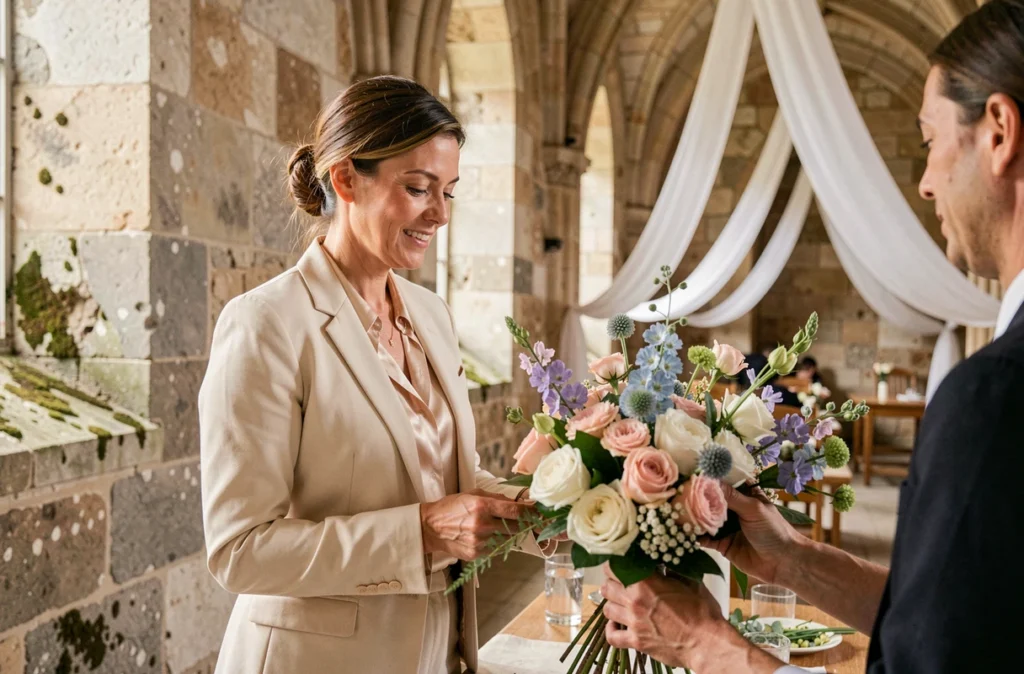Wedding planner Chrysalide Mariages supervisant une décoration florale dans une chapelle en pierre d'Occitanie