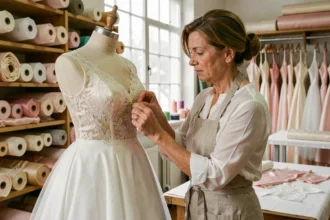 Couturière épinglant de la dentelle française ivoire sur une robe de mariée sur mesure dans un atelier de couture