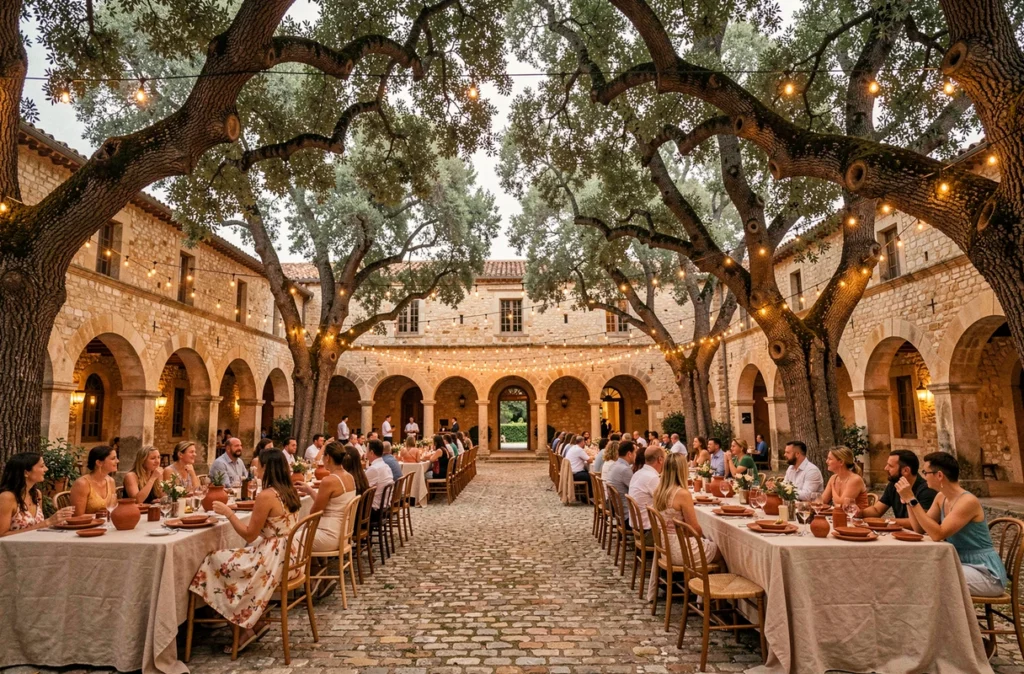 Le Domaine de la Baume près de Tourtour avec sa cour en pierres et ses tables de banquet sous les chênes