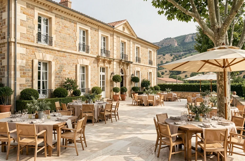 Le Domaine de Manville aux Baux-de-Provence avec son allée de platanes et sa terrasse de réception