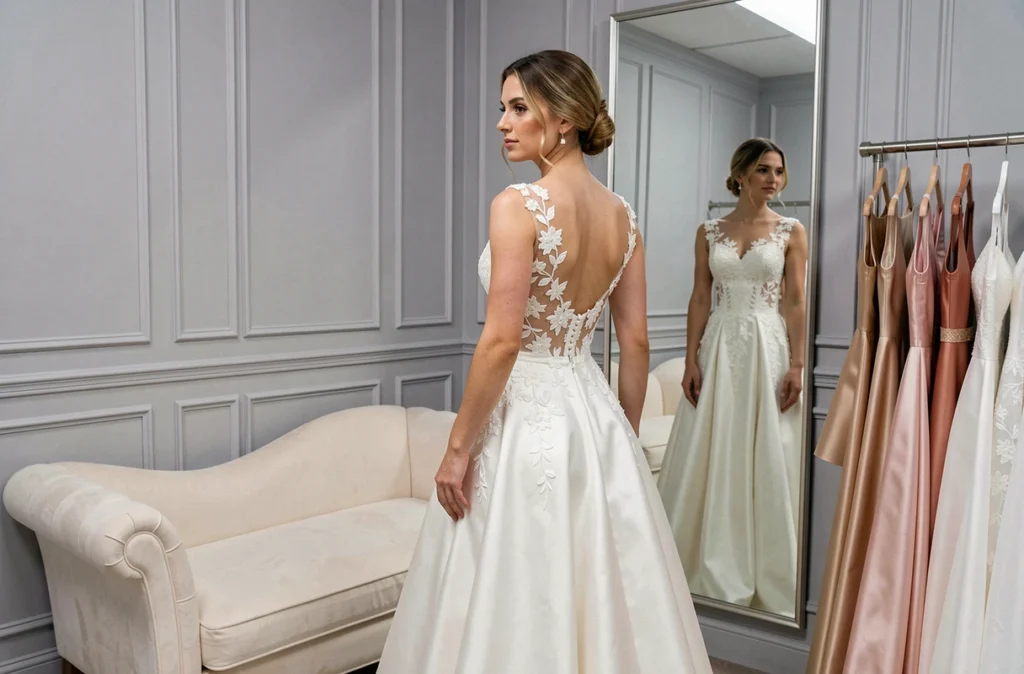 Femme essayant une robe de mariée sur mesure en satin duchesse avec broderies florales dans une boutique de haute couture nuptiale