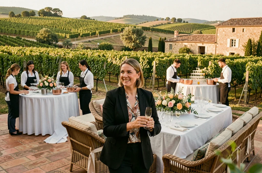 Coordinatrice d'Exceptions Fête Events supervisant la mise en place d'un cocktail de mariage dans un domaine viticole du Languedoc