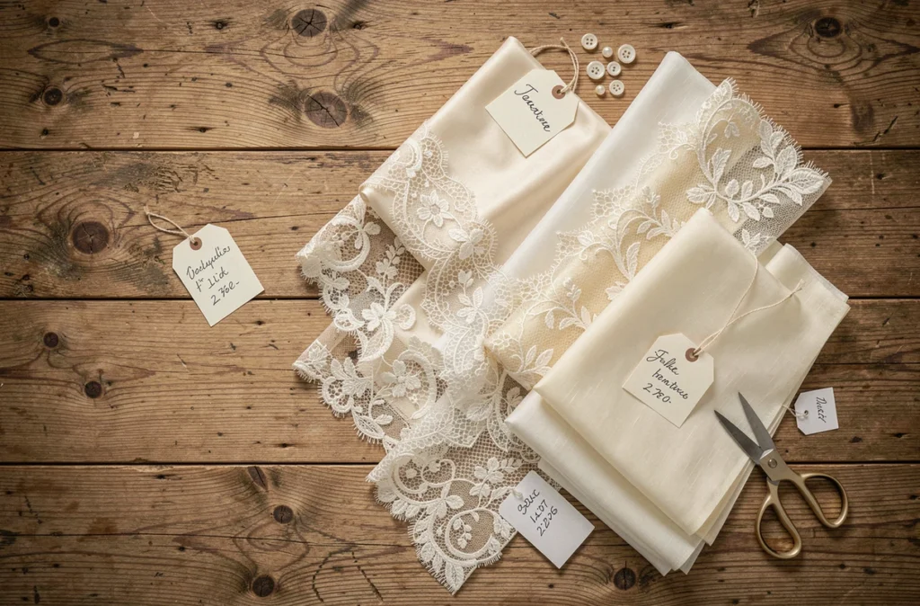Flat lay de tissus et dentelles pour robe de mariée sur mesure avec étiquettes de prix et accessoires de couture sur table en chêne
