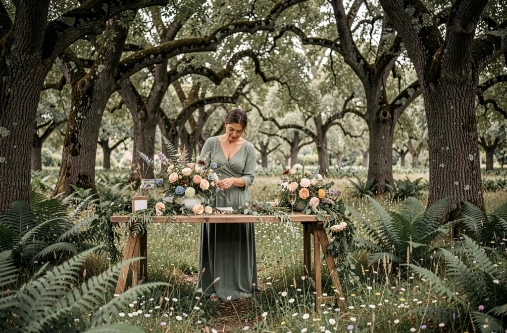 Wedding planner Hamadryades créant une installation florale sauvage dans une clairière boisée en Occitanie