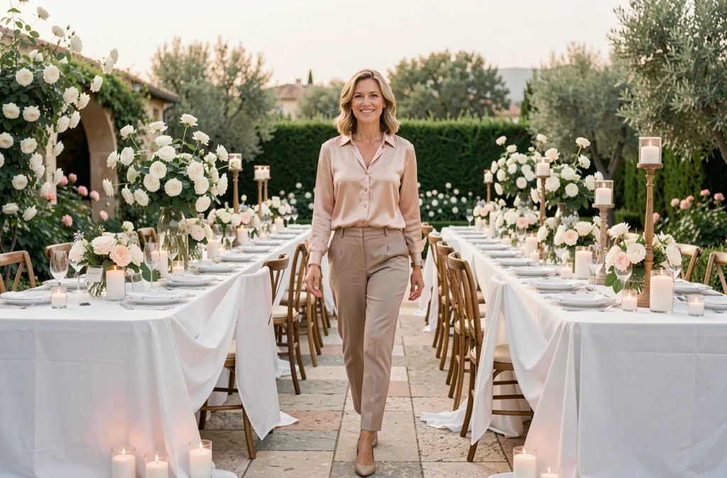 Wedding planner Instant de Paradis traversant une terrasse de jardin décorée de roses blanches et de chandeliers en France