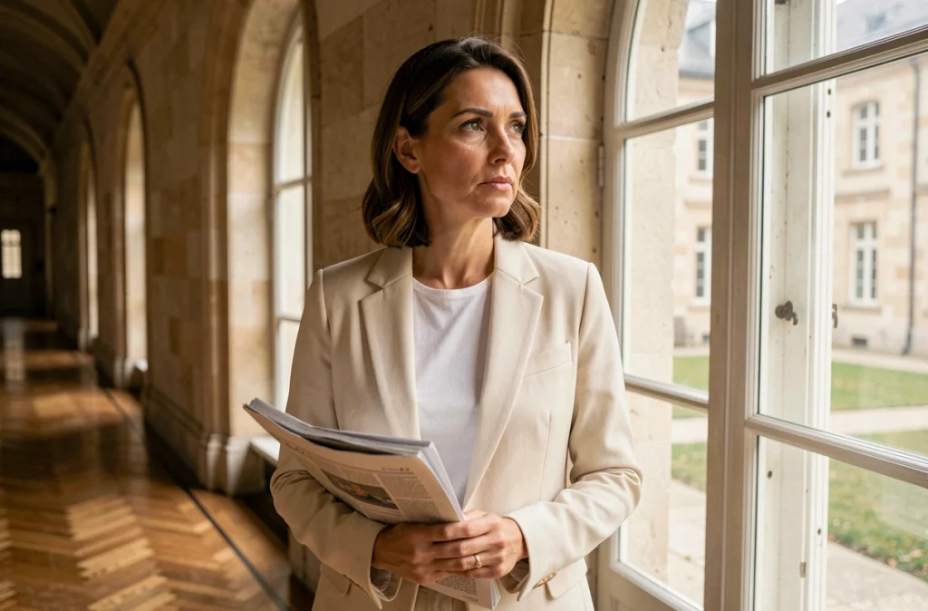 Femme journaliste pensive dans un couloir institutionnel tenant un journal, évoquant la tension entre notoriété et vie intime