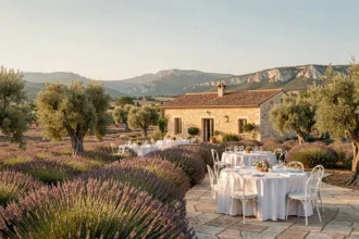 Vue panoramique d'un domaine provençal avec champs de lavande et terrasse de réception en Provence-Alpes-Côte d'Azur