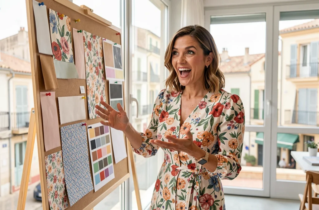 Coordinatrice de Madame Etincelle présentant un moodboard de mariage coloré dans un studio moderne de Montpellier
