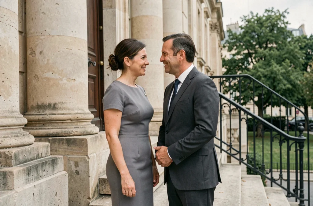 Couple lors d'une cérémonie de mariage civile devant un bâtiment parisien classique, alliant discrétion et élégance