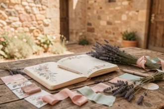 Tableau de planification de mariage en Occitanie avec carnet, échantillons floraux et lavande sur table en bois rustique