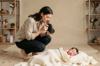 Photographe professionnelle prenant en photo un nouveau-né dans un studio à Lyon