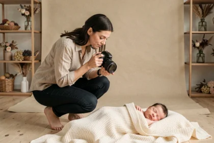 Photographe professionnelle prenant en photo un nouveau-né dans un studio à Lyon