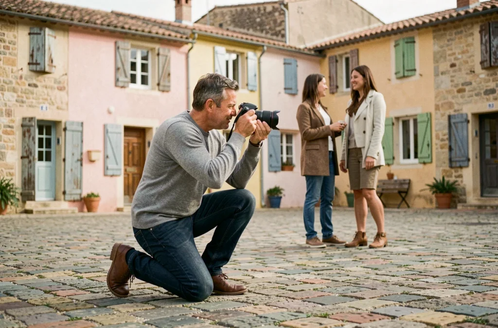 Photographe de couple agenouillé sur une place pavée provençale à Miramas, capturant une séance d'engagement devant des façades anciennes