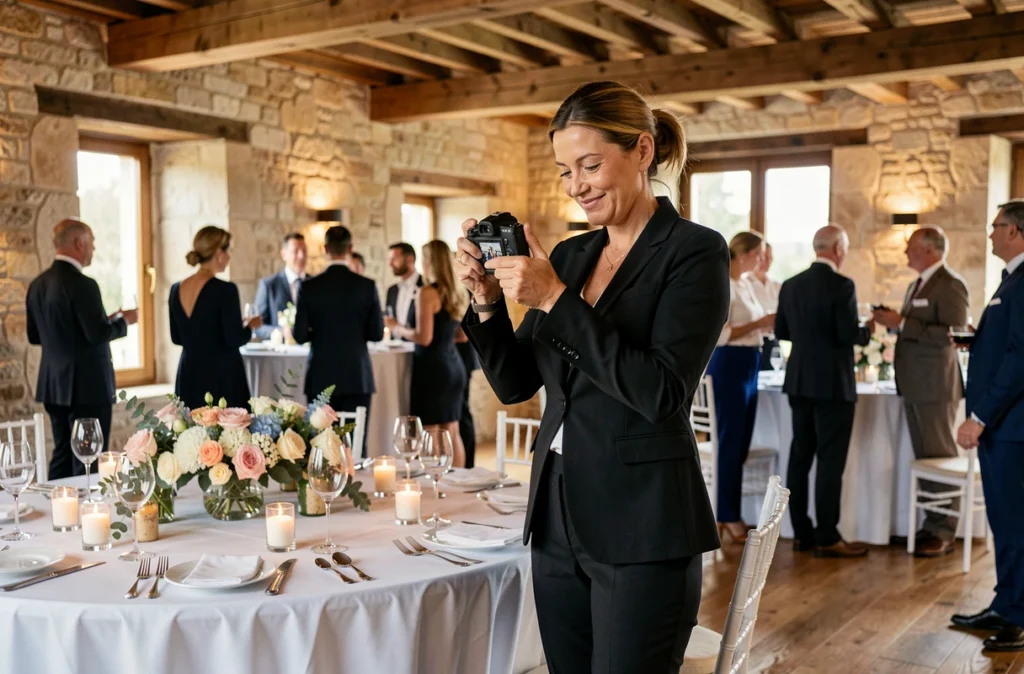 Photographe événementielle professionnelle lors d'une réception en salle à Miramas, consultant son appareil photo devant une table de banquet fleurie