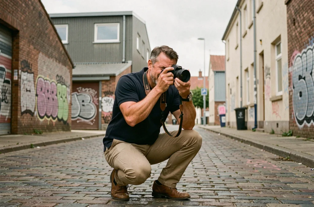 Photographe capturant des images en extérieur dans une rue urbaine de Saint-Priest