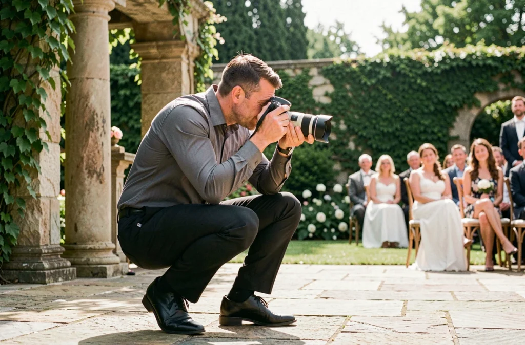 Photographe de mariage en action lors d'une cérémonie en extérieur dans un jardin