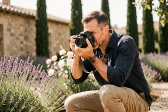 Photographe professionnel en action lors d'une cérémonie de mariage en extérieur à Miramas, dans un jardin provençal avec lavande et cyprès