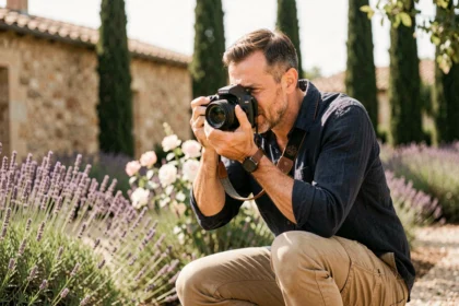 Photographe professionnel en action lors d'une cérémonie de mariage en extérieur à Miramas, dans un jardin provençal avec lavande et cyprès