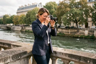 Photographe professionnelle ajustant son appareil photo sur un pont au bord de la Marne au Perreux-sur-Marne