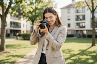 Photographe professionnelle consultant ses clichés dans un parc urbain aux Pavillons-sous-Bois