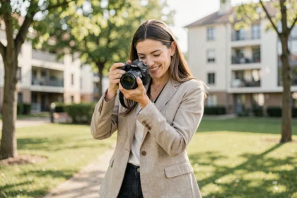 Photographe professionnelle consultant ses clichés dans un parc urbain aux Pavillons-sous-Bois