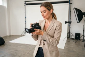 Photographe professionnelle à Saint-Priest révisant ses clichés dans un studio moderne