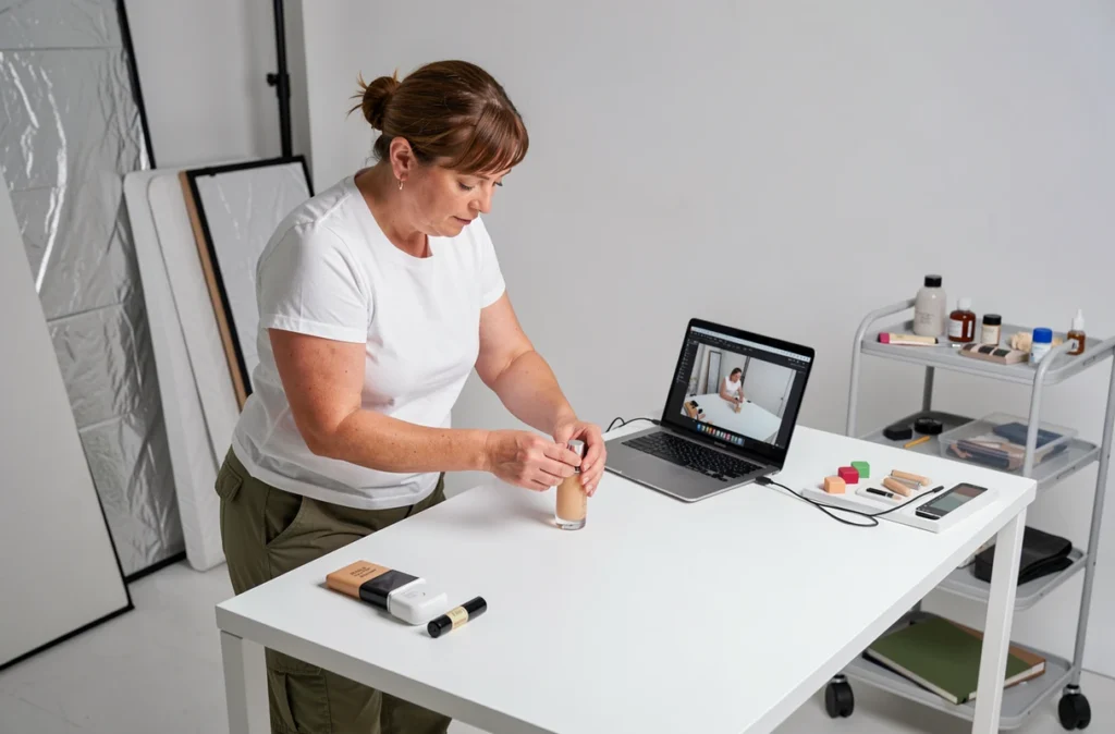 Photographe commerciale réglant un shooting produit en studio professionnel