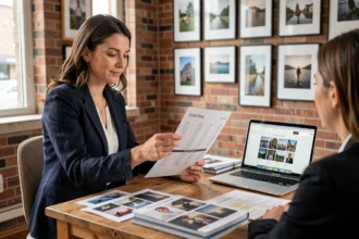 Photographe professionnelle présentant ses tarifs à un client dans un studio moderne