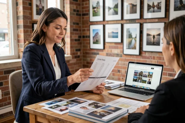 Photographe professionnelle présentant ses tarifs à un client dans un studio moderne