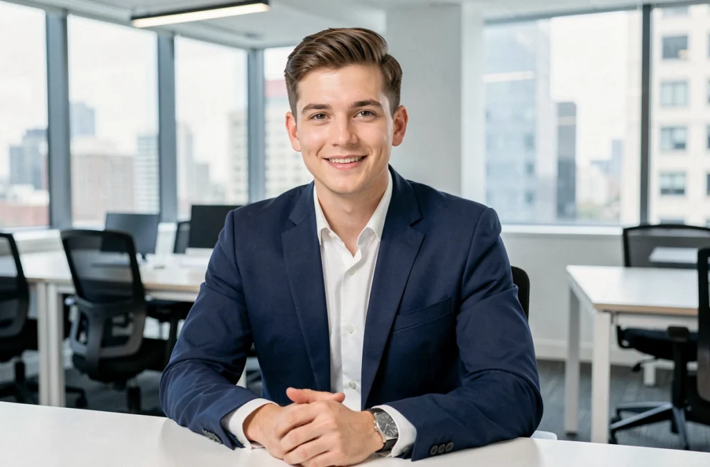 Portrait corporate d'un jeune professionnel en costume dans un espace de coworking moderne