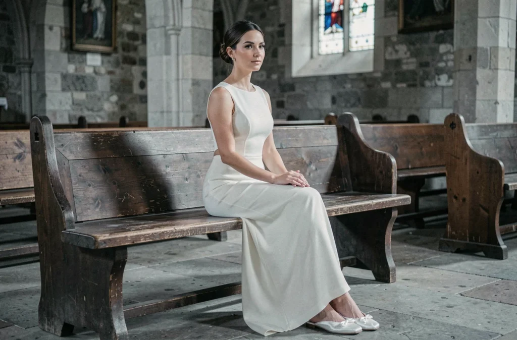Petite mariée en robe fourreau minimaliste et ballerines blanches assise dans une chapelle vintage, style épuré et élégant