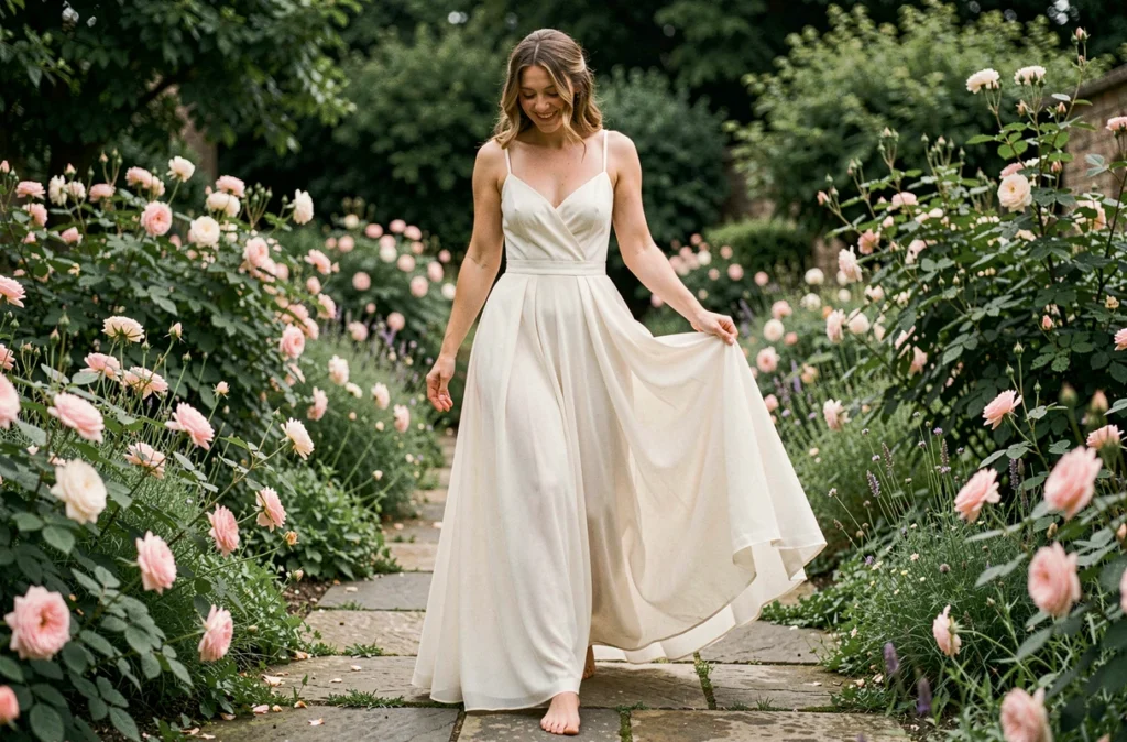 Mariée de petite taille en robe empire en mousseline marchant pieds nus dans un jardin fleuri, style naturel et romantique