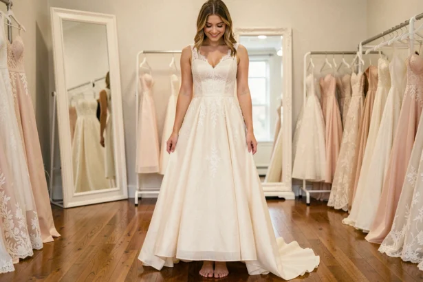 Jeune femme petite en robe de mariée en dentelle ivoire sans talons dans une boutique de mariage, vue en pied