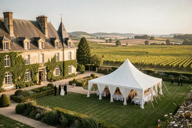 Salle de réception pour mariage dans un château de Nouvelle-Aquitaine avec jardins et architecture en pierre