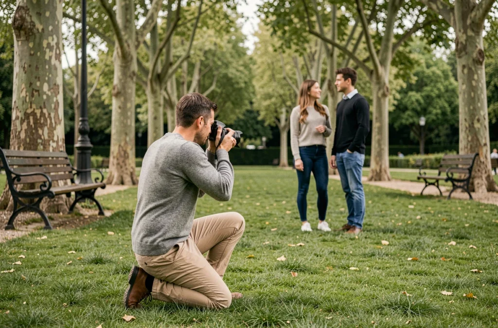 Photographe au travail lors d'une séance photo en extérieur dans un parc du Perreux-sur-Marne