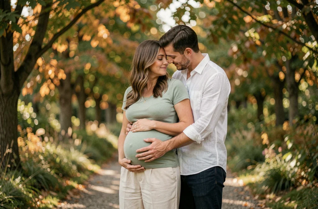 Couple attendant un bébé photographié ensemble dans un jardin botanique en automne lors d'une séance grossesse en extérieur